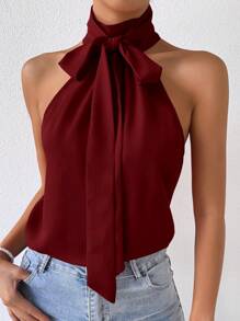 RosyDaze 正面繫帶無袖掛脖襯衫 - 酒紅色 - 查看 6