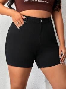 SHEIN EZwear 大尺碼高腰牛仔短褲,後背繡花細節設計 - 黑色 - 查看 6