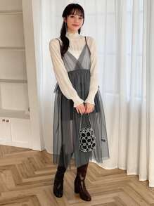 FRIFUL Women's Mesh Organza Ruffle Hem Spaghetti Strap Dress,Fall Dress Long Sleeve Dress