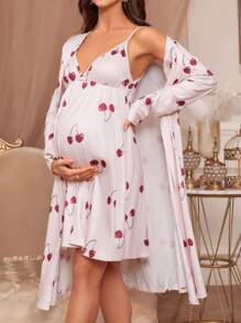 Moonlight&Mama Conjunto de pijama de camiseta de tirantes con estampado de cerezas y bata de manga larga para embarazadas, ropa de otoño e invierno - Rosa Pálido - Ver 3