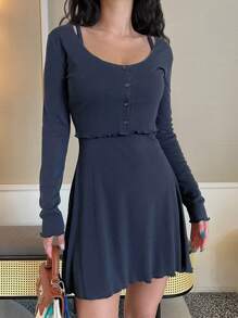 DAZY Women's Single Breasted Long Sleeve Top And Cami Dress Two Pieces Set Summer - Navy Blue - View 5