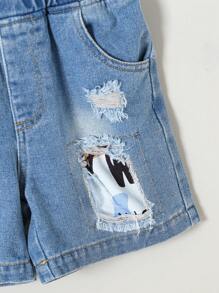 Young Boy's Daily Fashionable Casual Graffiti Letter Print T-Shirt And Denim Shorts Set