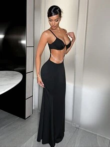 SHEIN SXY 新年夜派对珍珠和水钻镂空细肩带美人鱼下摆连衣裙