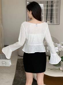 DAZY Solid Color Glitter Long Sleeve Crop Blouse With Flare Cuffs For Women,Ruffle - White - View 2