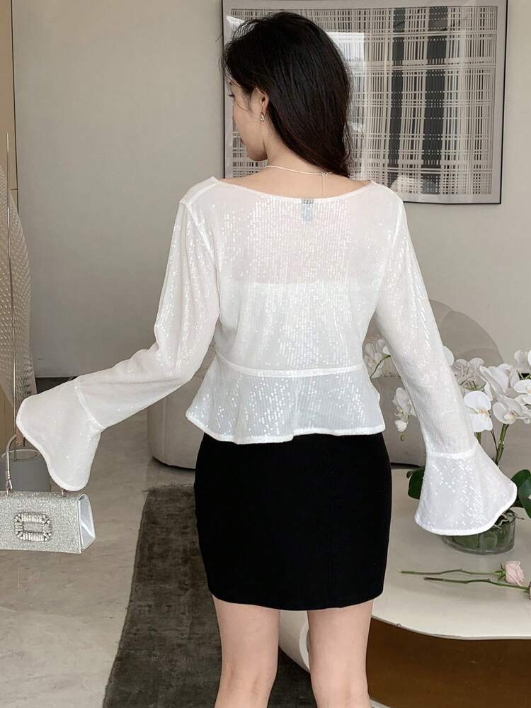 Solid Color Glitter Long Sleeve Crop Blouse With Flare Cuffs For Women,Ruffle