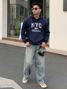 DAZY Men Letter Graphic Kangaroo Pocket Drawstring Hoodie - Navy Blue - View 3