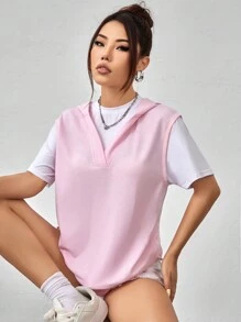 SHEIN Unity 撞色短袖连帽套头卫衣 秋季卫衣 - 彩色 - 查看 1