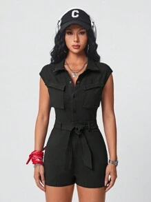 SHEIN EZwear Women's Solid Color Jumpsuit With Tie Waist And Dolman Sleeves, Versatile