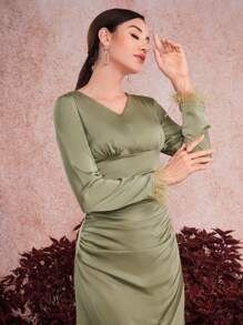 Modelyn Vestido largo de noche con dobladillo plisado y puños de manga esponjosos en color liso para mujeres