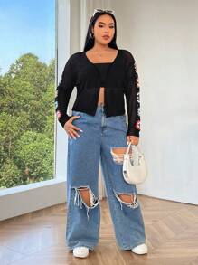 Flirla 大尺碼女鉤針鏤空開襟衫 - 黑色 - 查看 5