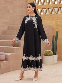 Al Najma Của phụ nữ Váy chữ A Với Vá lại Và Thêu - màu đen - Xem 4