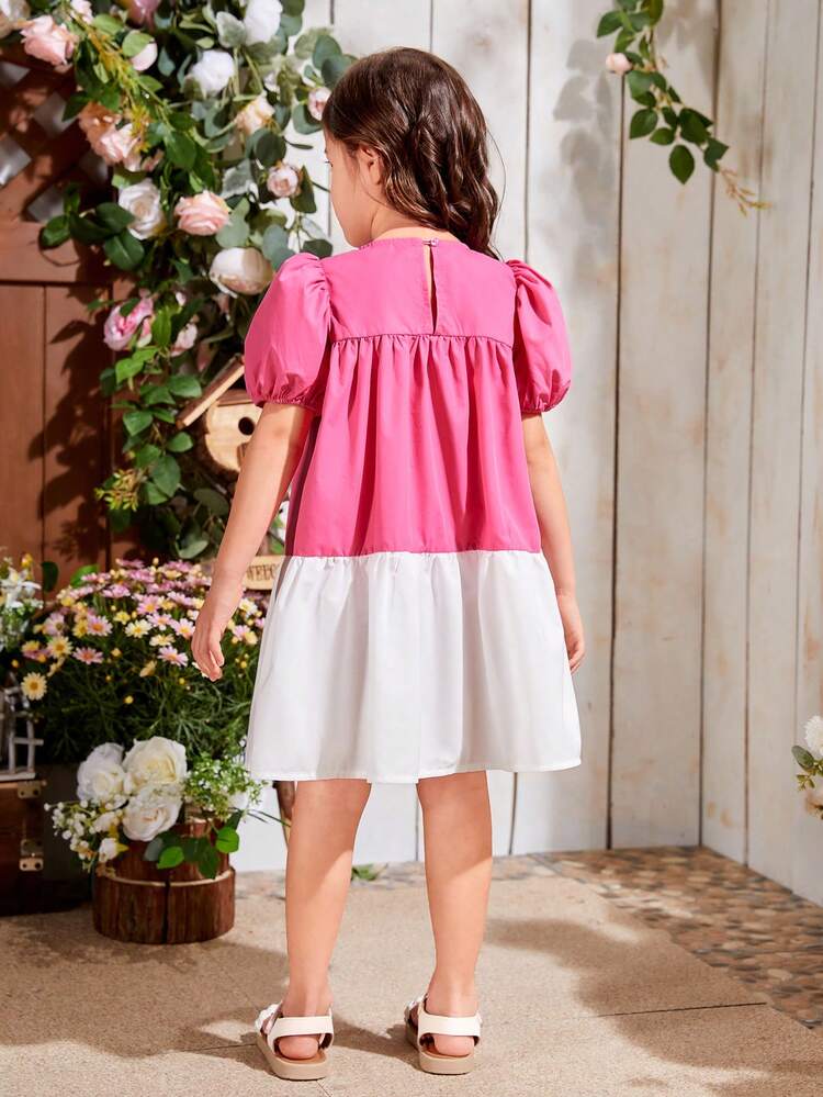 Young Girls' Weave Contrast Color Loose Fit Casual Dress With Round Neckline And Puff Sleeves