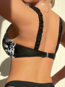 SHEIN Swim 女式植物印花比基尼上衣 - 黑色 - 查看 2