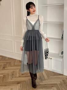 FRIFUL Women's Mesh Organza Ruffle Hem Spaghetti Strap Dress,Fall Dress Long Sleeve Dress