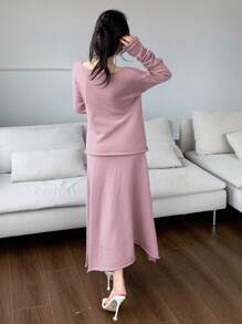 DAZY Women's Two Pieces Set- Solid Color Loose Fit Long Sleeve Sweater And Long Pleated Skirt - Pink - View 2