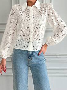 EURMUSE Women'S Hollow Embroidered Button Open Lantern Sleeve Shirt - White - View 5