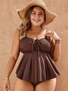 Swim Lushoire Set da bagno tankini estivo da spiaggia di taglia grande, colore unito, con dettaglio coulisse - Cachi - Visualizzare 1