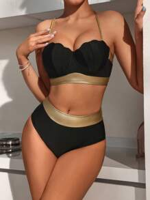 SHEIN Swim Women's Two Pieces Bikini Set With Gold Color Panel And Scalloped Cup - Multicolor - View 1