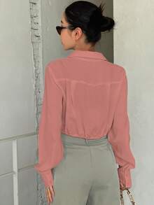 DAZY Solid Color Cropped Long Sleeve Shirt - Orange - View 5