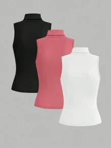 SHEIN LUNE 女式純色高領背心3入組 - 彩色 - 查看 2