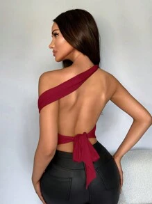 SHEIN SXY 女性性感側肩露背純色上衣,帶肩帶 - 紅色 - 查看 2