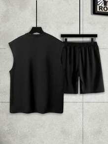 Manfinity LEGND Men's Slogan Printed Tank Top And Shorts Set - Black - View 2