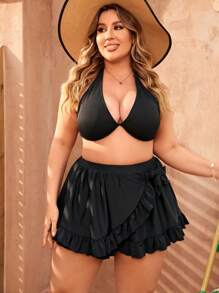 SHEIN Swim Curve Summer Beach Plus Size Swim Skirt Decorated With A Bow And Ruffled Hem - Black - View 6