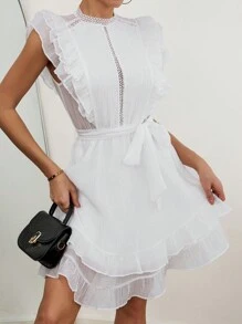 Breezaya High Neck Multi-Layer Ruffle Trim Waist Cinched Dress