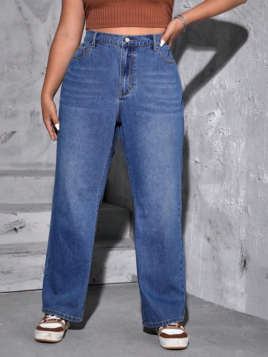 SHEIN EZwear Kích thước lớn Của phụ nữ Quần jean Với Túi - Rửa trung bình - Xem 1