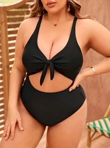 Swim Vcay Plus Size Summer Beach Solid Color Bow Front Hollow Out One-Piece Swimsuit