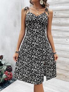 SHEIN VCAY Floral Print Knot Shoulder Cami Sundress - Black - View 3