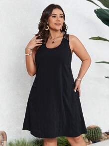 SHEIN VCAY Plus-Size Spring/Summer Vacation Back Hollowed-Out Neckline Fabric Dress - Black - View 4