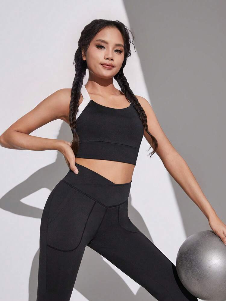 Teenage Girls' Knit Patchwork Cross Back Sleeveless Sports Tank Top