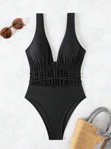 Swim Vcay Women's Deep V-Neck Ruched Monokini One-Piece Swimsuit For Summer, Beach, Swimming - Black - View 7