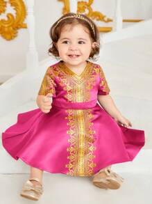 SHEIN 嬰兒女寶貝優雅印花禮服裙，適用於正式場合 - 玫紅色 - 查看 1