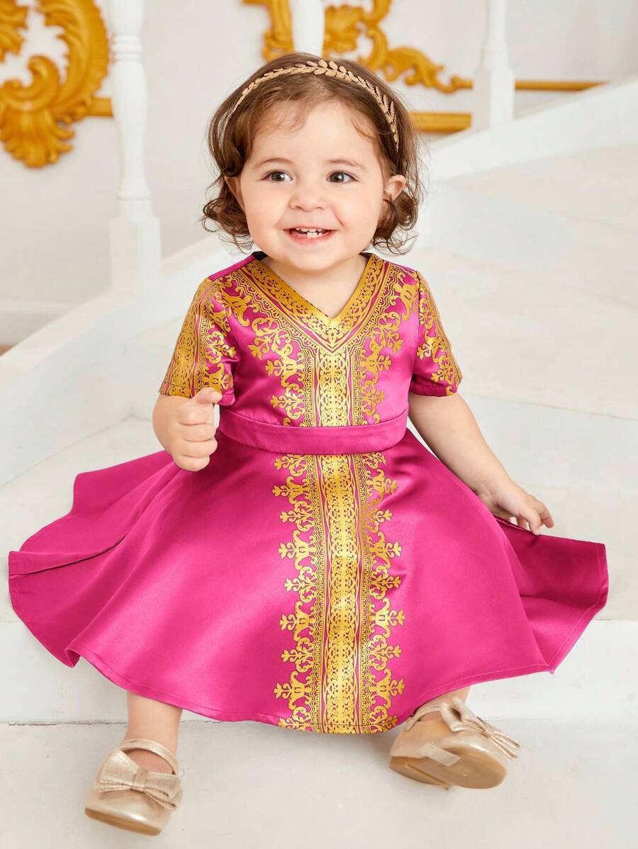 SHEIN 嬰兒女寶貝優雅印花禮服裙，適用於正式場合 - 玫紅色 - 查看 1