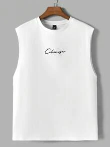 Manfinity VCAY Camiseta de tirantes redonda para hombre con estampado de letras, sin mangas, gráfica lisa en color blanco para uso urbano casual