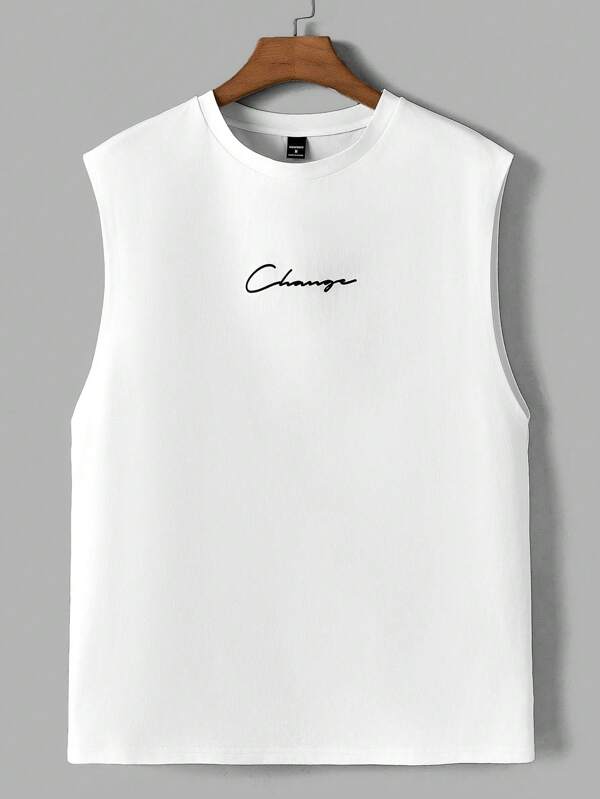 Manfinity ModaGents Men's Letter Print Round Neck Tank Top , Sleeveless Graphic Plain All White Urban Casual
