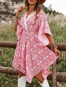 SHEIN LUNE Của phụ nữ In hoa Tay áo chuông Đầm - Màu Hồng Tươi - Xem 8