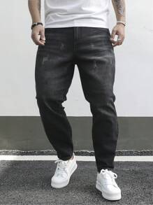 Manfinity Homme Men's Plus Size Cat Whiskers Design Slim Fit Jeans Long Ripped Frayed Jean Cargo Plain Black Work Casual Going Out Hang Out College Street Work - Black - View 5