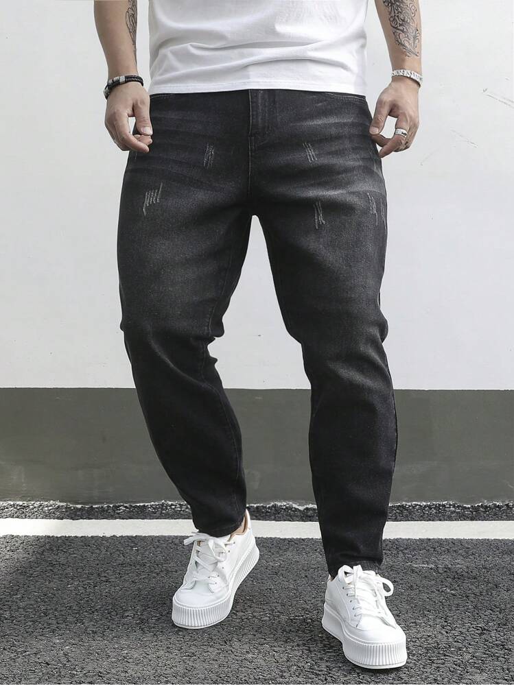 Manfinity Homme Men's Plus Size Cat Whiskers Design Slim Fit Jeans Long Ripped Frayed Jean Cargo Plain Black Work Casual Going Out Hang Out College Street Work - Black - View 5