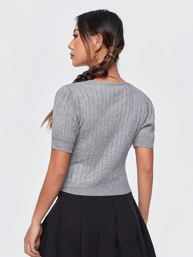 Leisure Women's Solid Color Round Neck Short Sleeve Knitted Top With Fake Button-Front Design