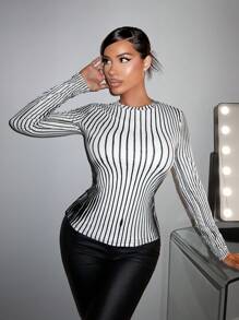 SHEIN SXY Của phụ nữ Thời trang Đường phố Sợi dây In Gợi cảm Tay áo dài Áo thun - Đen và trắng - Xem 1