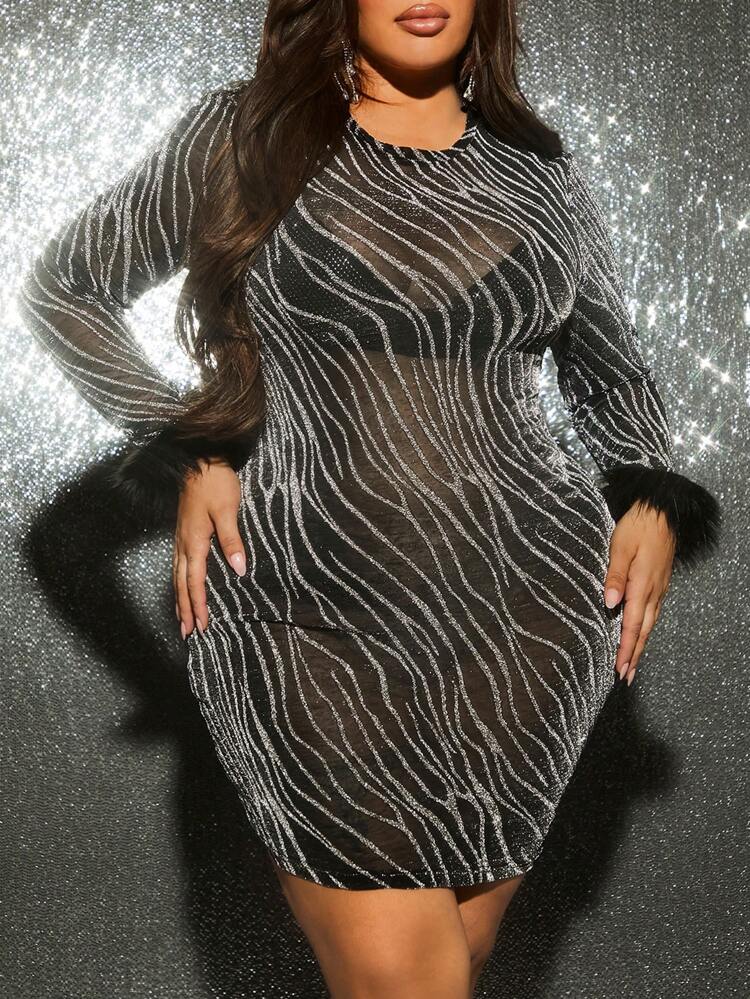 Plus Allover Print Fuzzy Cuff Metallic Dress