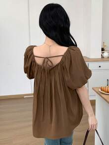 DAZY Của phụ nữ Màu thuần Xếp li Lỏng lẻo Áo sơ mi - màu nâu - Xem 2