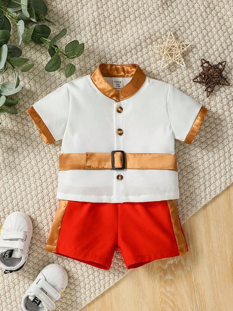 Newborn Baby Boy's Gentleman Style Outfit With Stand Collar Metal Contrast Color Tie Shirt & Shorts, Cute & Fashionable Party Style