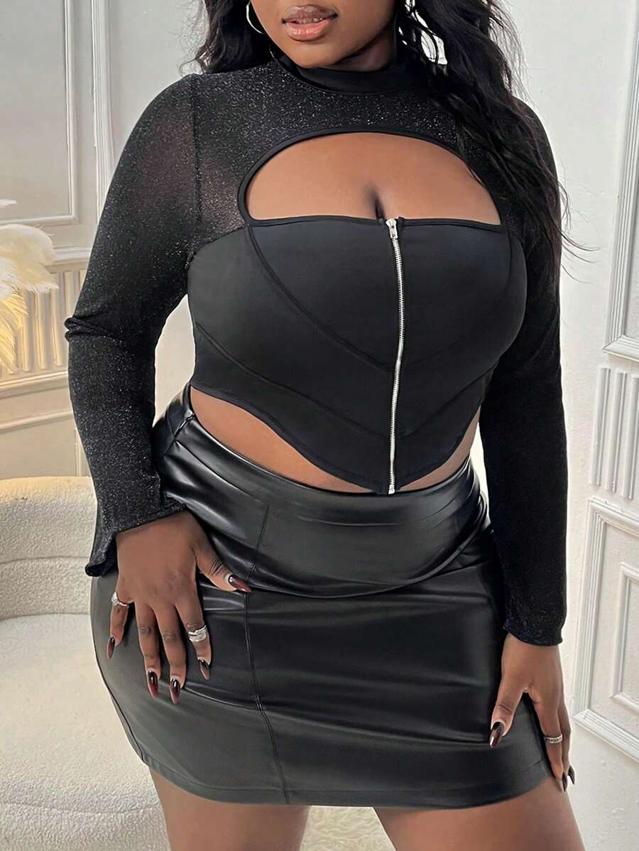 Slaydiva Gợi cảm Phong cách đường phố Màu thuần Phù hợp Top Cây trồng Với Ngực Dây kéo & Lưới Nối Đối với Kích thước lớn NỮ - màu đen - Xem 1