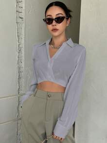 DAZY Camisa De Manga Larga Corta De Un Solo Color - Gris - Ver 5