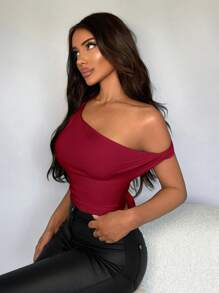 SHEIN SXY 女性性感側肩露背純色上衣,帶肩帶 - 紅色 - 查看 3