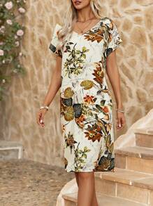 SHEIN LUNE Vestido de manga corta floreado al estilo bohemio y suelto para mujer para vacaciones de primavera y Pascua - Multicolor - Ver 4